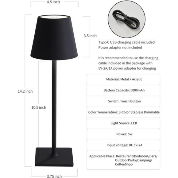 cordless rechargeable table lamp dimmable led portable light for bedroom patio - Picture 5 of 7